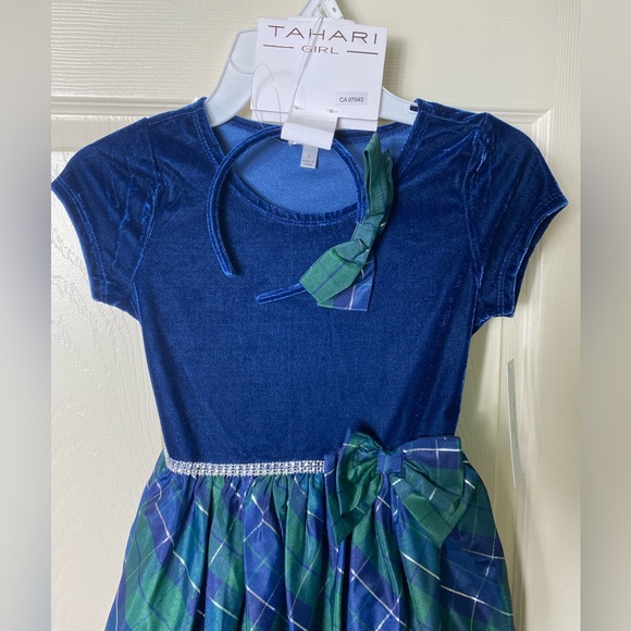 Tahari | NWT Girl’s Blue Green Plaid Velvet Dress & Matching Headband - 8 - Picture 3 of 9